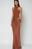 Beres Tank Top Saten Uzun Elbise Kahverengi