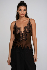 Bess Lace Saten Üst Kahverengi