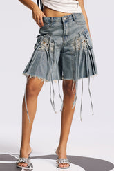 Bile Fringe Ruffle Midi Pantolon Derin Mavi