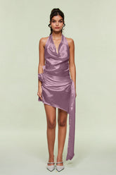 Blagoy Saten Çiçek Saçaklı Mor Mini Elbise