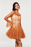 Blanid Kahverengi Dantel İşlemeli Volanlı Mini Elbise
