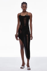 Siyah Capri Spagetti Kesimli Örme Uzun Elbise