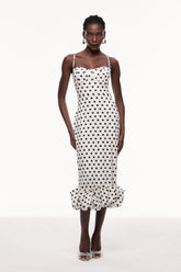 Cauan Noktalı Volanlı Dar Uzun Elbise