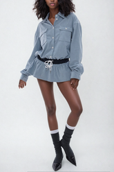 Fitilli Kadife Büzgülü Gömlek Mini Elbise