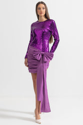 Asimetrik Fiyonk Detaylı Zarif Pullu Elbise