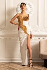 Dantelli Altın Detaylı Asimetrik Elbise