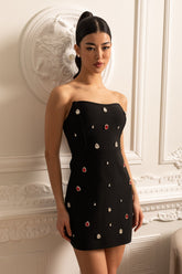 Kırmızı ve Beyaz Mücevherli Süslemeli Fitted Mini Elbise