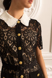 Kısa Kollu ve Kontrast Yakalı Çiçek Desenli Dantel Elbise