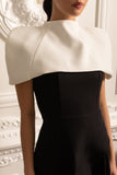 Zıt Renkli Beyaz Çıkarılabilir Pelerin Detaylı Zarif Asimetrik Elbise – Siyah