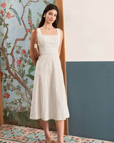 Sueña™ Beyaz Kare Yaka Çizgili Midi Elbise