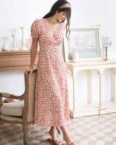 Sueña™ Kırmızı V Yaka Çiçekli Puf Kol Maxi Elbise