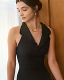 Sueña Siyah Yakalı Fırfırlı Keten Maxi Elbise