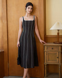 Sueña™ Siyah Kare Yaka Kontrast Midi Elbise