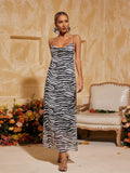 Nicole Zebra Midi Elbise Gri
