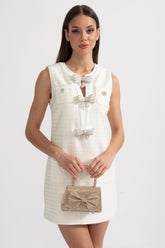 Gümüş Süslemeli Fiyonklu Dokulu Kolsuz Elbise