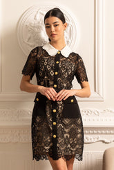 Kısa Kollu ve Kontrast Yakalı Çiçek Desenli Dantel Elbise