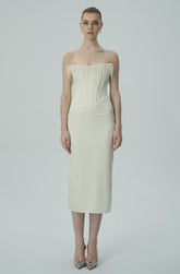 İnci Saçaklı Fildişi Omuzları Açık Midi Elbise