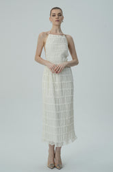 Narin Fildişi Katmanlı Halter Midi Elbise