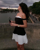 Sueña Kadın Siyah Düşük Omuzlu Kontrast Mini Elbise