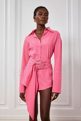 Kimora Tokalı Dantelli Gömlek Mini Elbise Pembe