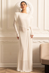 Omuzları Yapılandırılmış Uzun Kollu Kat Kat Zarif Elbise