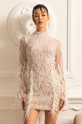 Payet Süslemeli ve Tüy Detaylı Uzun Kollu Şeffaf Elbise – Bej