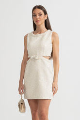 Bel Kesimli ve Fiyonklu Payetli Kolsuz Mini Elbise