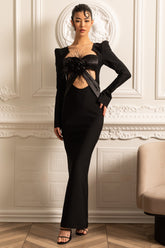 Yapılandırılmış Omuz ve Ön Dekolteli Zarif Uzun Kollu Elbise – Siyah