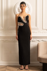 Ön Dekolteli ve Işıltılı Süslemeli Zarif Vücuda Oturan Elbise – Siyah