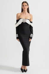 Kontrast Büstiyerli ve Işıltılı Süslemeli Zarif Elbise