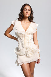 Maura V Yaka Fırfırlı Kayısı Asimetrik Mini Elbise
