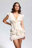 Maura V Yaka Fırfırlı Kayısı Asimetrik Mini Elbise
