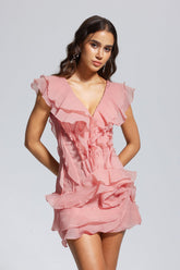Maura V Yaka Fırfırlı Asimetrik Mini Elbise Pembe