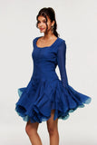 McCarthy Fileli Volanlı Mini Elbise Koyu Mavi