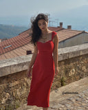 Sueña Kırmızı Kalp Yaka Kap Kol Midi Elbise