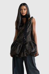 Raha Sırtı Açık Fırfırlı Deri Mini Elbise