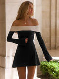 Omuzları Açık İki Tonlu Kloş Mini Elbise