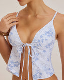 Sueña™ Mavi Çiçekli Önden Bağcıklı Tankini Takımı