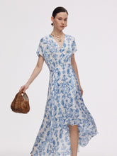 Çiçek Desenli Asimetrik Etek Kadın V Yaka Uzun Elbise