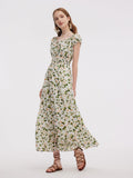 Asetat Karışımlı Çiçek Desenli Ayarlanabilir Bağcıklı Yaka Kadın Uzun Elbise