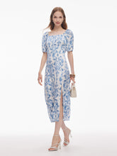 Çiçek Desenli Dönüştürülebilir Yaka Kadın Yan Yırtmaçlı Uzun Elbise