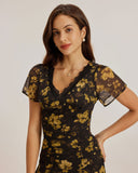 Sueña™ Siyah Çiçekli Şifon V Yaka Uzun Elbise