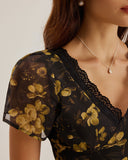 Sueña™ Siyah Çiçekli Şifon V Yaka Uzun Elbise