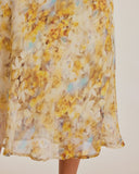 Sueña™ Sarı Çiçekli Şifon V Yaka Uzun Elbise