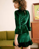 Sueña™ Yeşil Uzun Kol Kadife Mini Elbise
