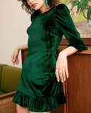 Sueña™ Yeşil Uzun Kol Kadife Mini Elbise