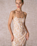 Sueña™ Sarı Asimetrik Etek Çiçekli Midi Elbise