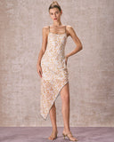 Sueña™ Sarı Asimetrik Etek Çiçekli Midi Elbise