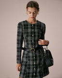 Sueña™ Siyah Bisiklet Yaka Ekose A Kesim Mini Elbise