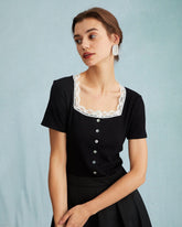 Sueña Siyah Kare Yaka Nervürlü Dantel Detaylı Örgü Tişört